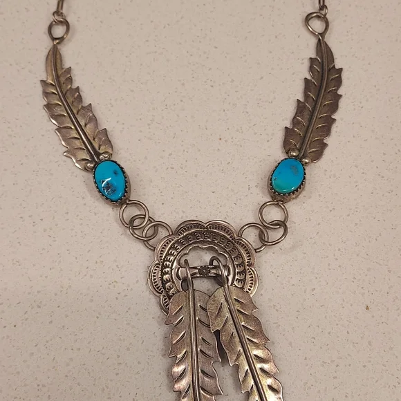 Navaho Sterling Silver & Turquoise Necklace - Picture 3 of 5